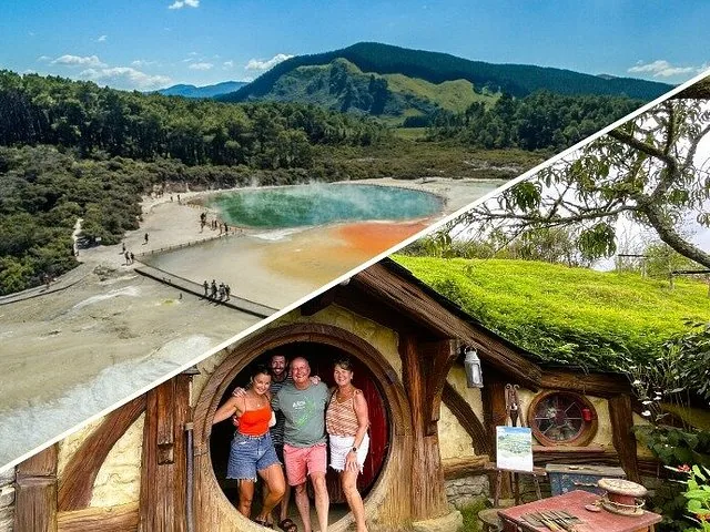 Collage van Wai-O-Tapu Thermal Wonderland en de filmset van Hobbiton.